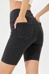 Basic Bae Asymmetrical Waist Denim Shorts with Pockets OutfitFlow